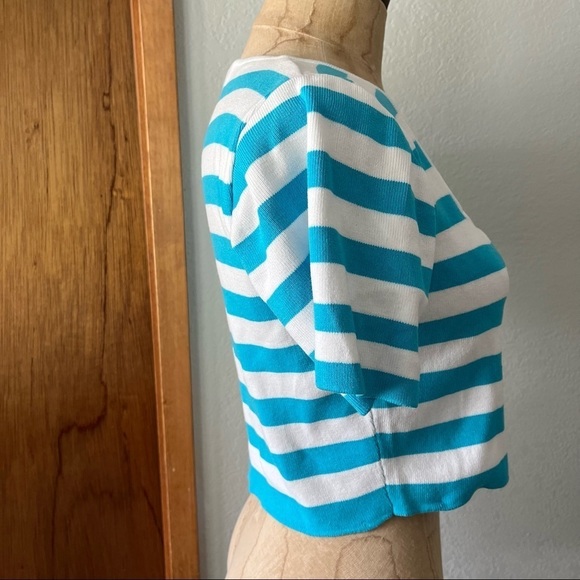 ZARA sz XL Striped Crop Top Bright Blue White Short Sleeve Knit - Picture 5 of 7